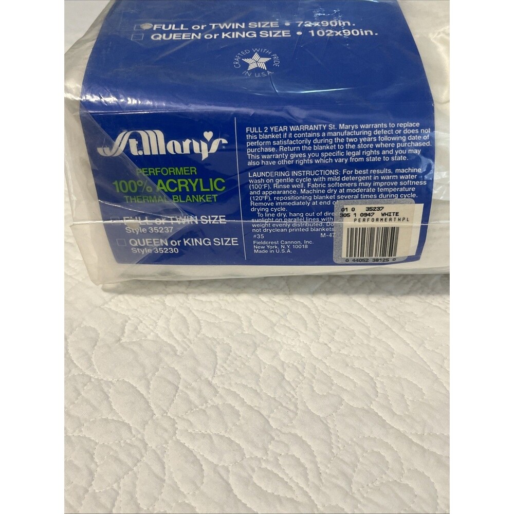Vtg St. Marys Fieldcrest Mills Full Twin 72x90 Acrylic Blanket WHITE Made In USA - Picture 4 of 8